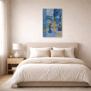 Unframed poster print of Henri Matisse's The Blue Window displayed above a bed in a bedroom
