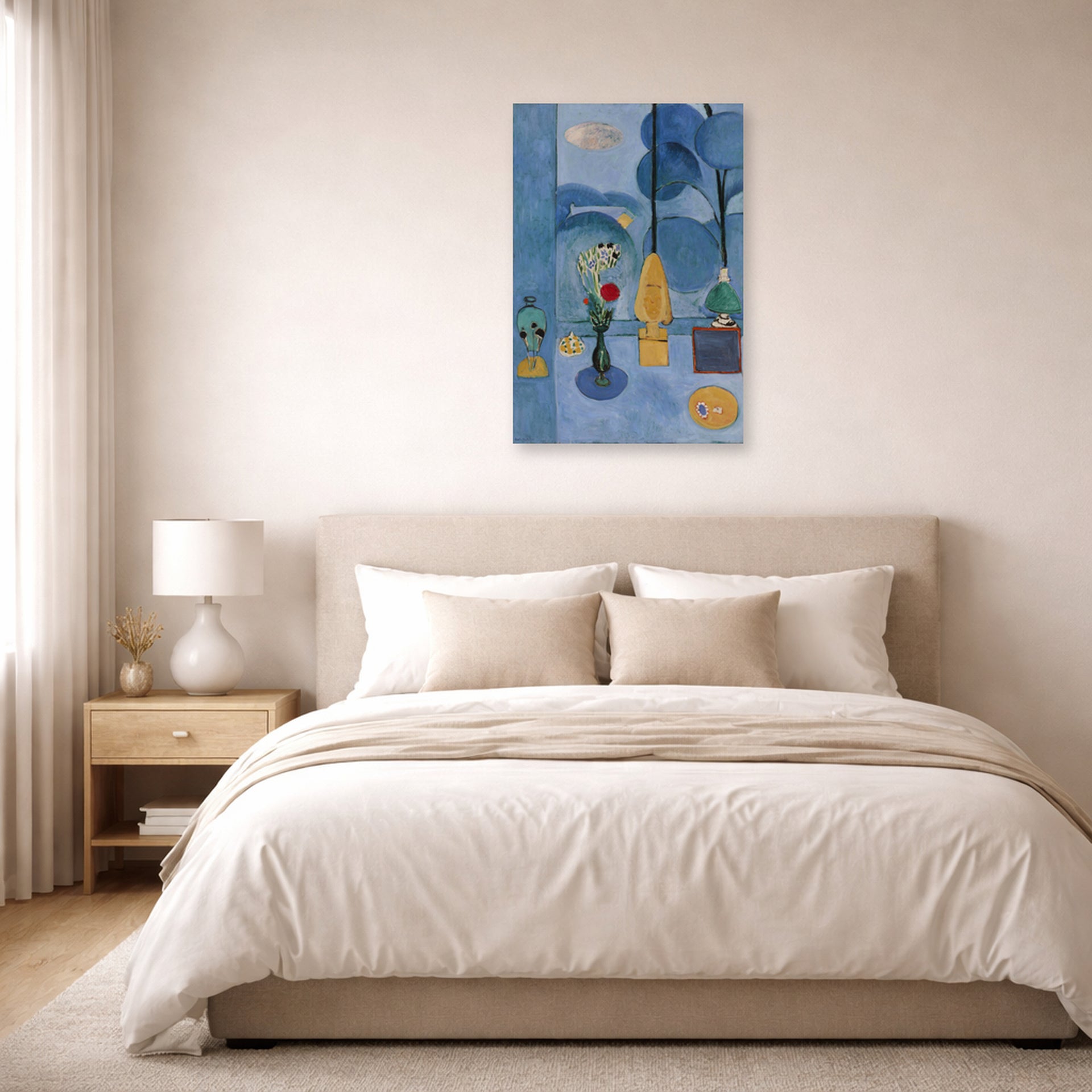 Unframed poster print of Henri Matisse's The Blue Window displayed above a bed in a bedroom