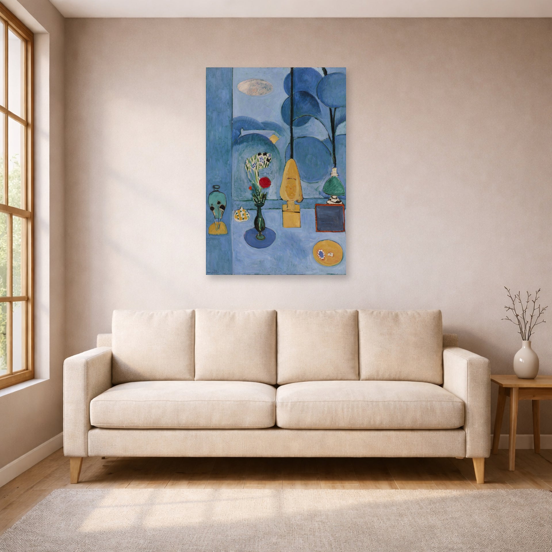 Unframed poster print of Henri Matisse's The Blue Window displayed in a living room, view 1