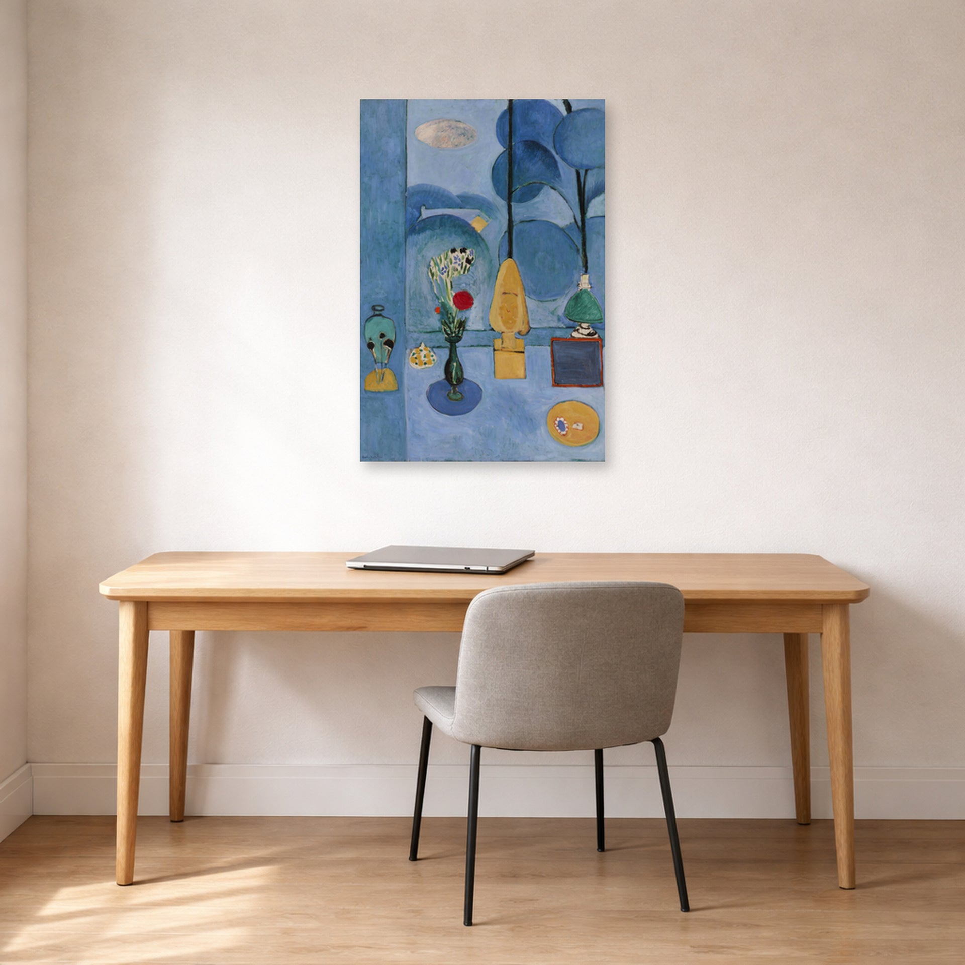 Unframed poster print of Henri Matisse's The Blue Window displayed in a home office