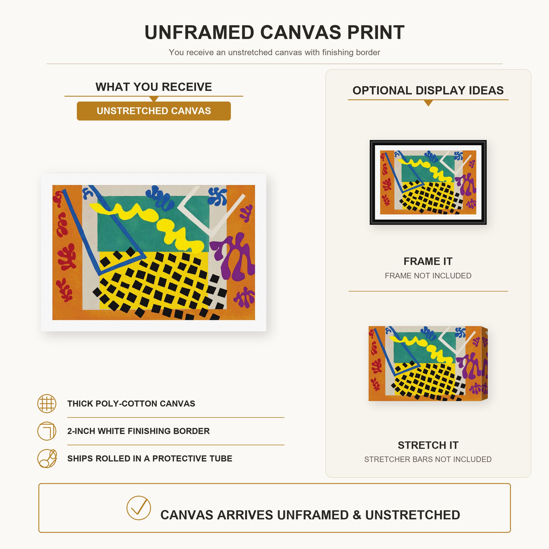 Henri Matisse - The Codomas canvas print size comparison and framing display infographic