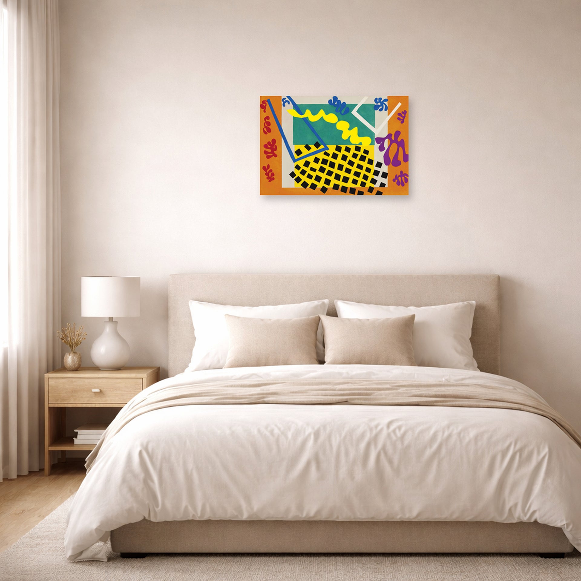 Unframed poster print of Henri Matisse's The Codomas displayed above a bed in a bedroom