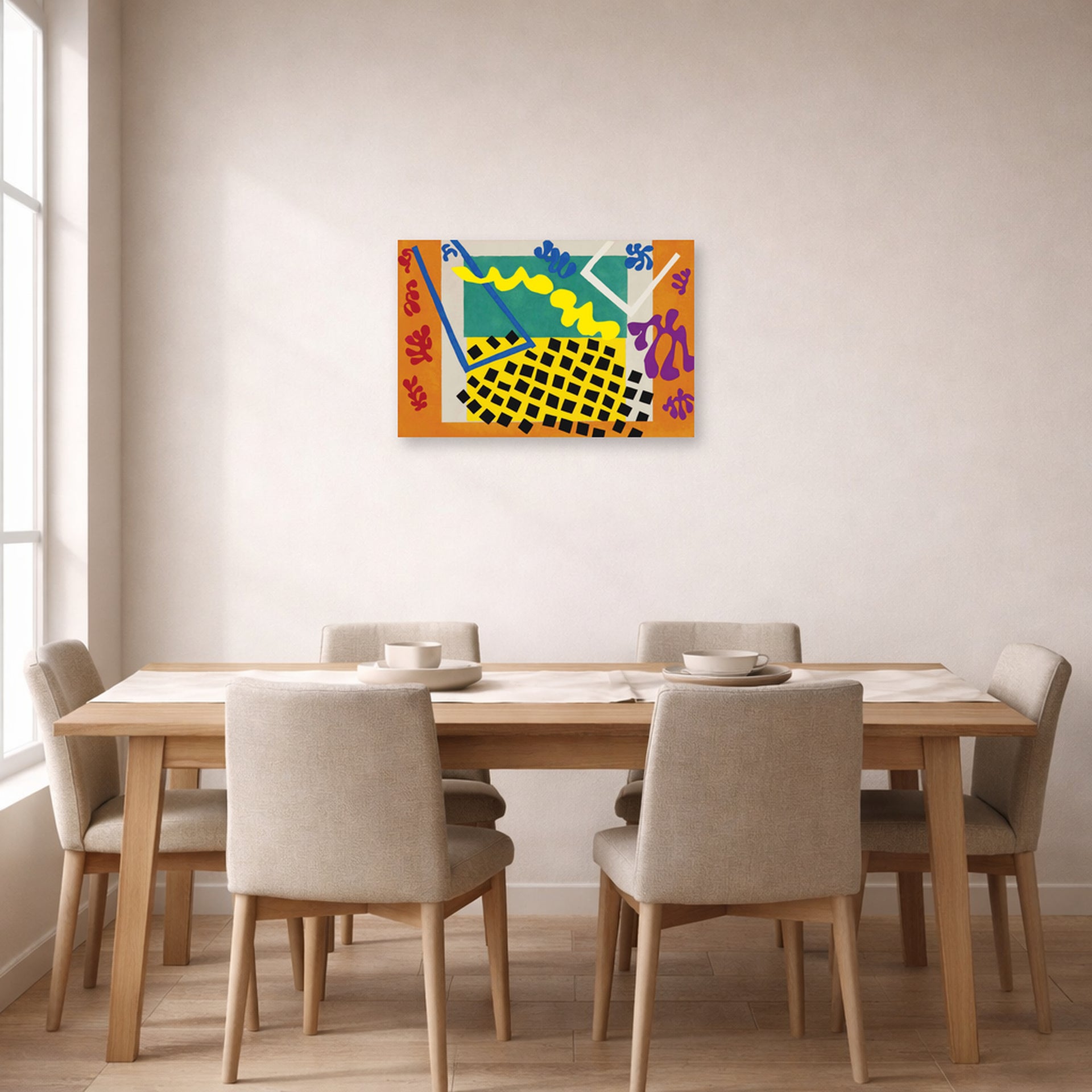 Unframed poster print of Henri Matisse's The Codomas displayed on a dining room wall