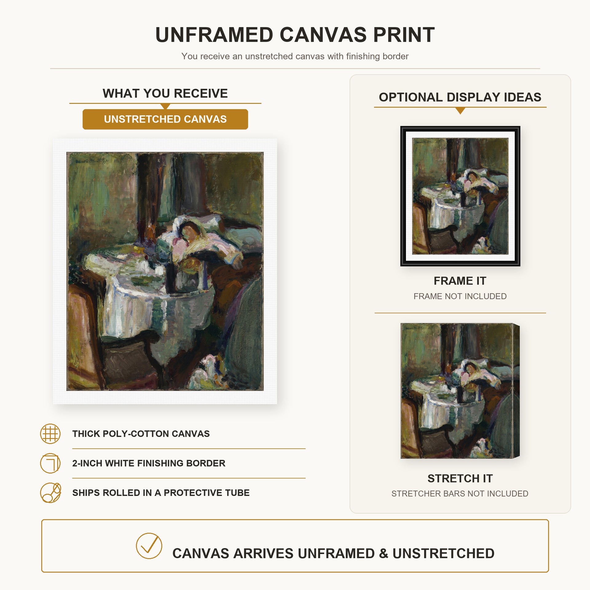 Henri Matisse - The Convalescent Woman (the Sick Woman) canvas print size comparison and framing display infographic