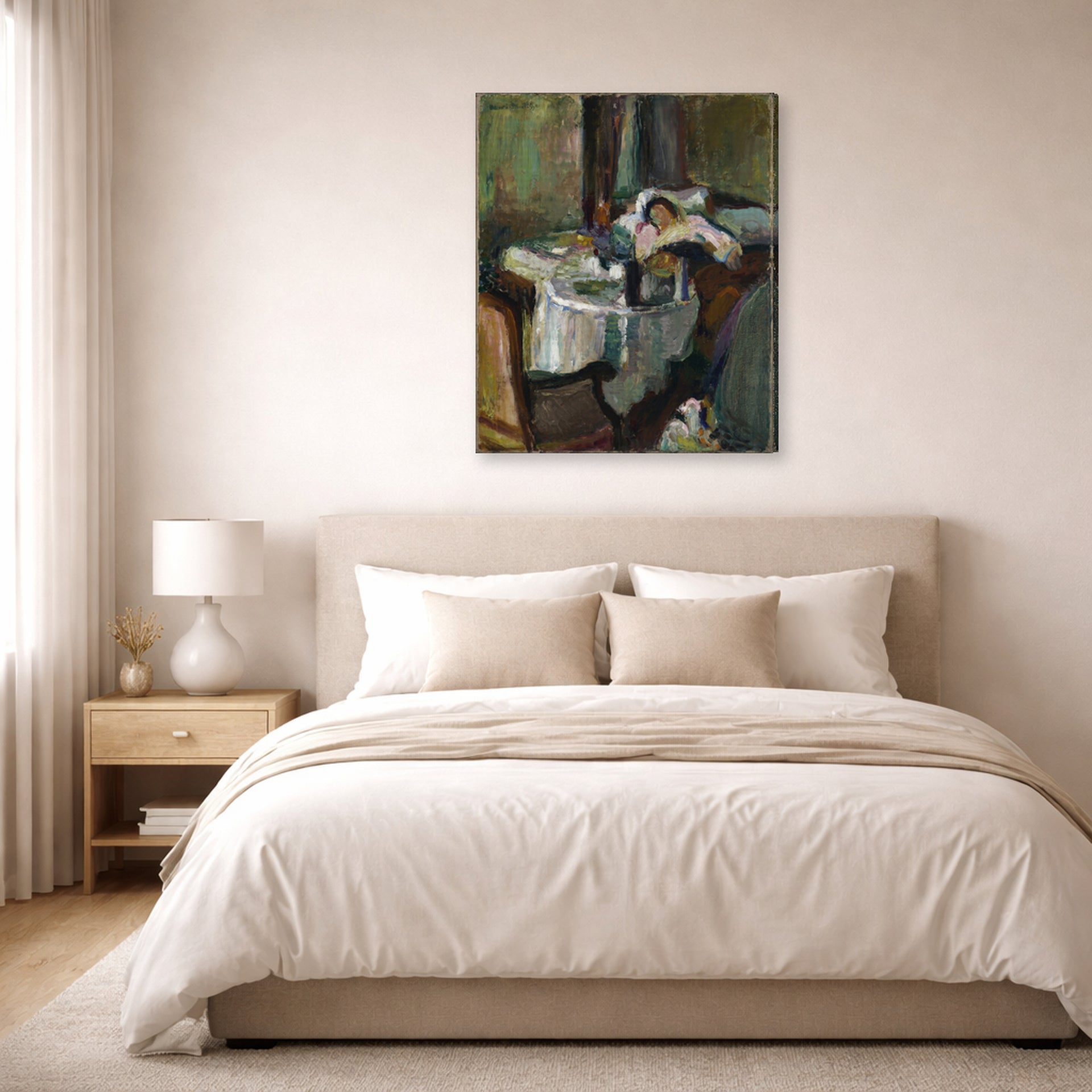 Gallery-wrapped canvas print of Henri Matisse's The Convalescent Woman (the Sick Woman) hanging above a bed in a bedroom