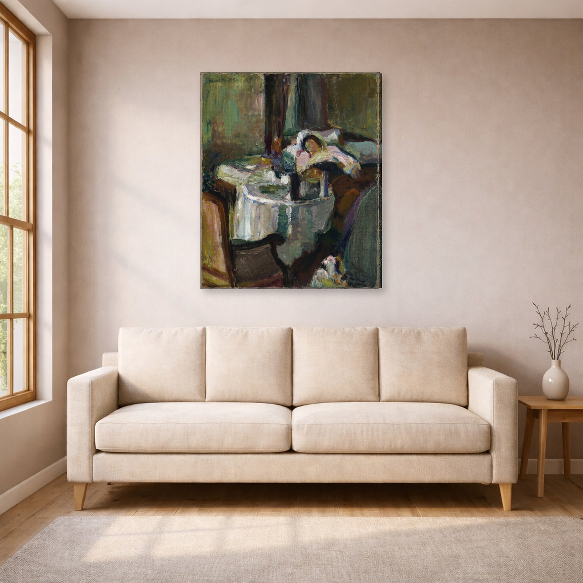 Gallery-wrapped canvas print of Henri Matisse's The Convalescent Woman (the Sick Woman) hanging in a living room, view 1