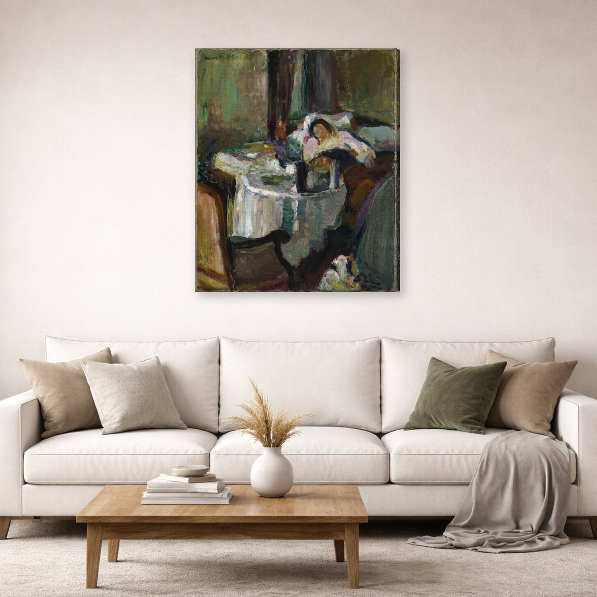 Gallery-wrapped canvas print of Henri Matisse's The Convalescent Woman (the Sick Woman) hanging in a living room, view 2