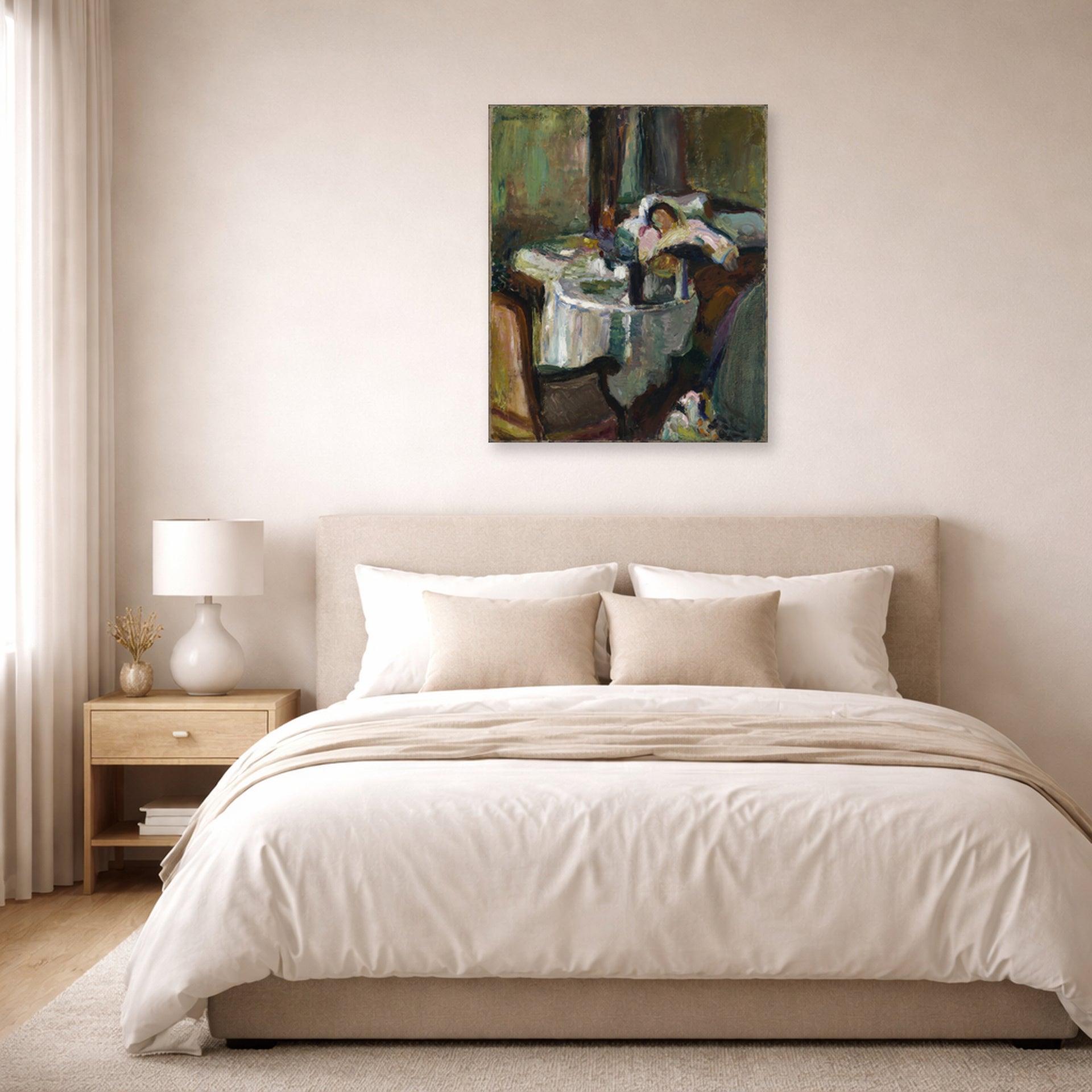 Unframed poster print of Henri Matisse's The Convalescent Woman (the Sick Woman) displayed above a bed in a bedroom