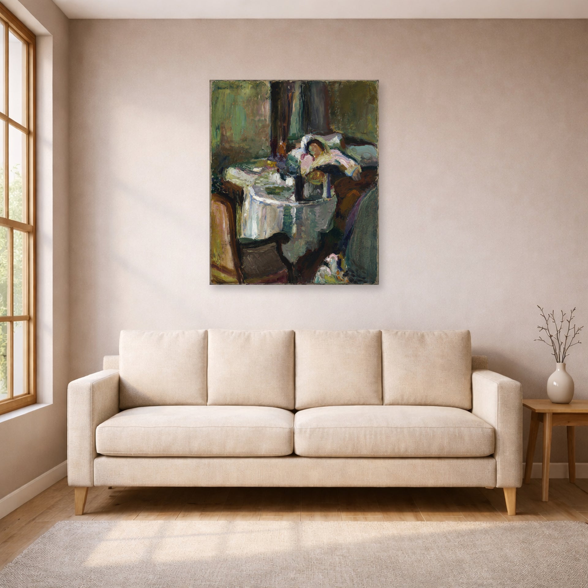 Unframed poster print of Henri Matisse's The Convalescent Woman (the Sick Woman) displayed in a living room, view 1