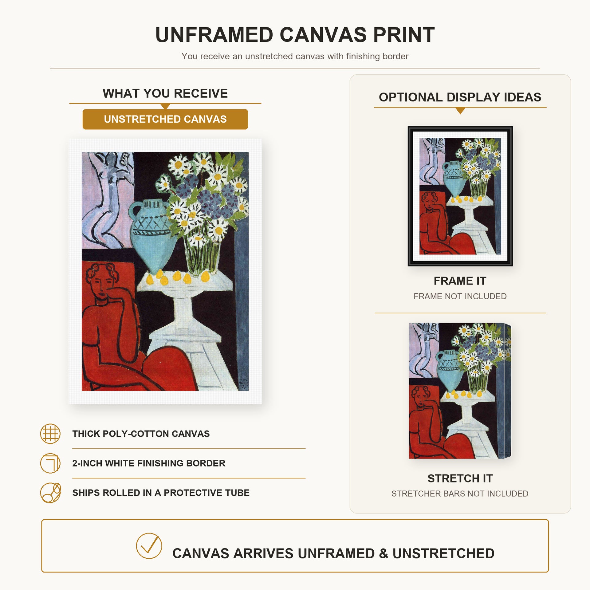 Henri Matisse - The Daisies canvas print size comparison and framing display infographic