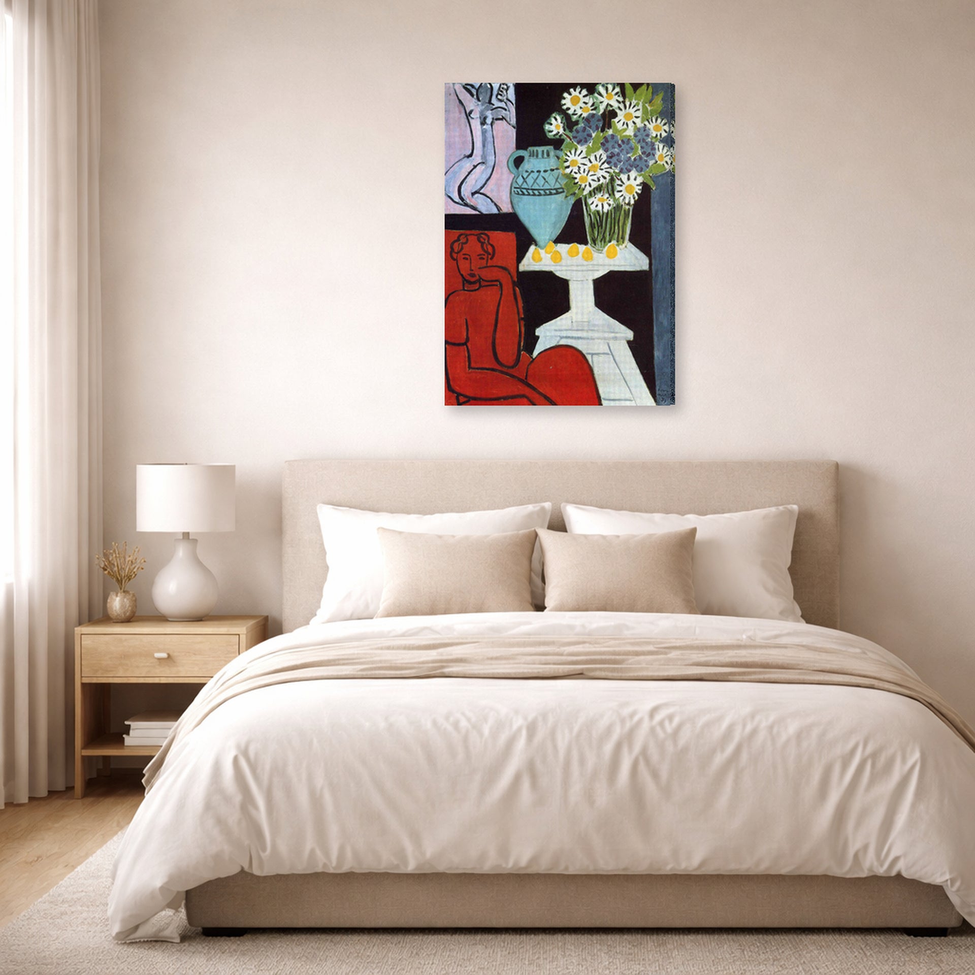 Gallery-wrapped canvas print of Henri Matisse's The Daisies hanging above a bed in a bedroom