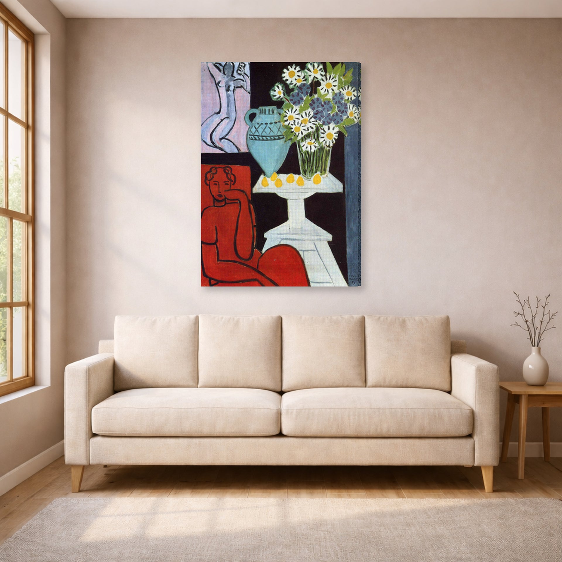 Gallery-wrapped canvas print of Henri Matisse's The Daisies hanging in a living room, view 1
