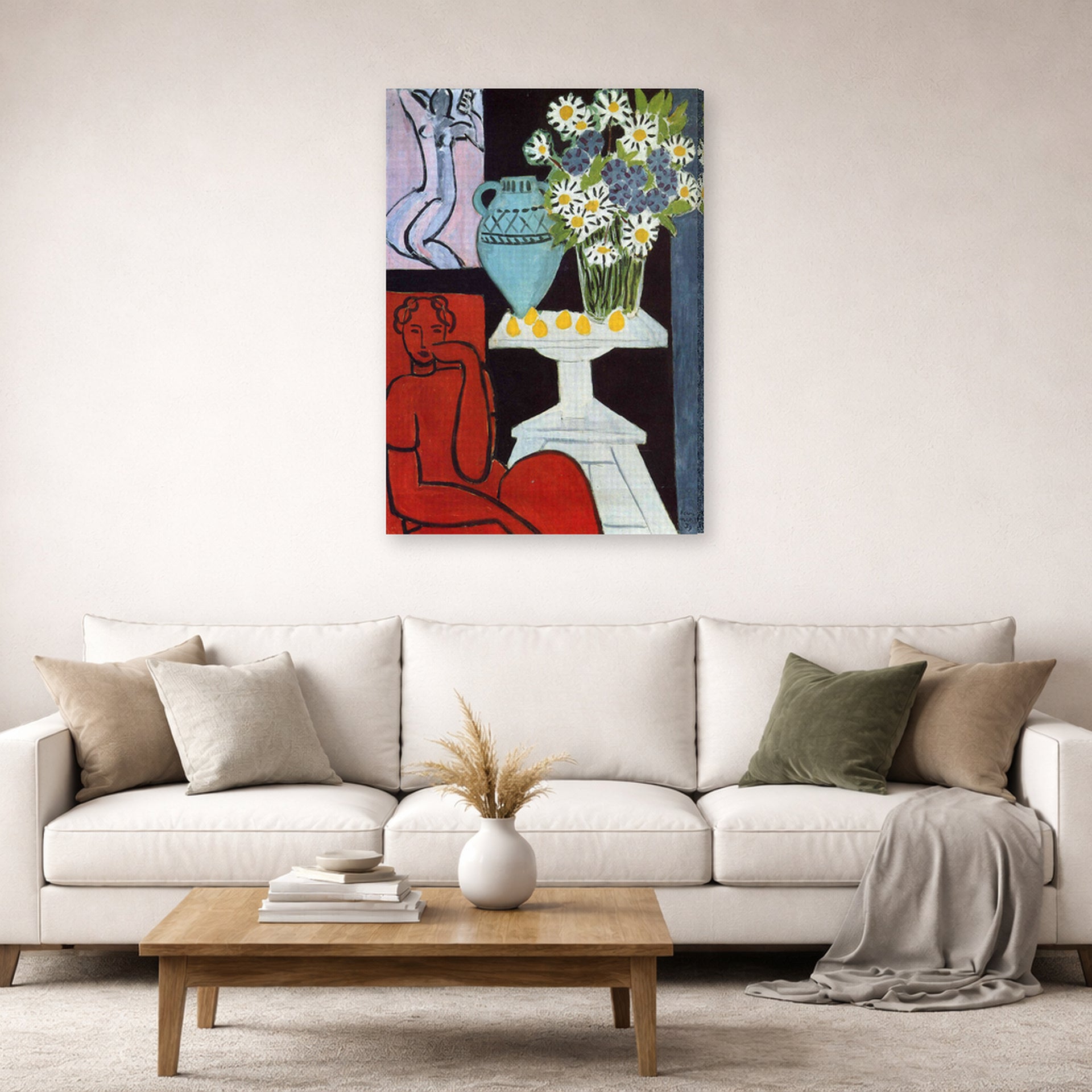 Gallery-wrapped canvas print of Henri Matisse's The Daisies hanging in a living room, view 2