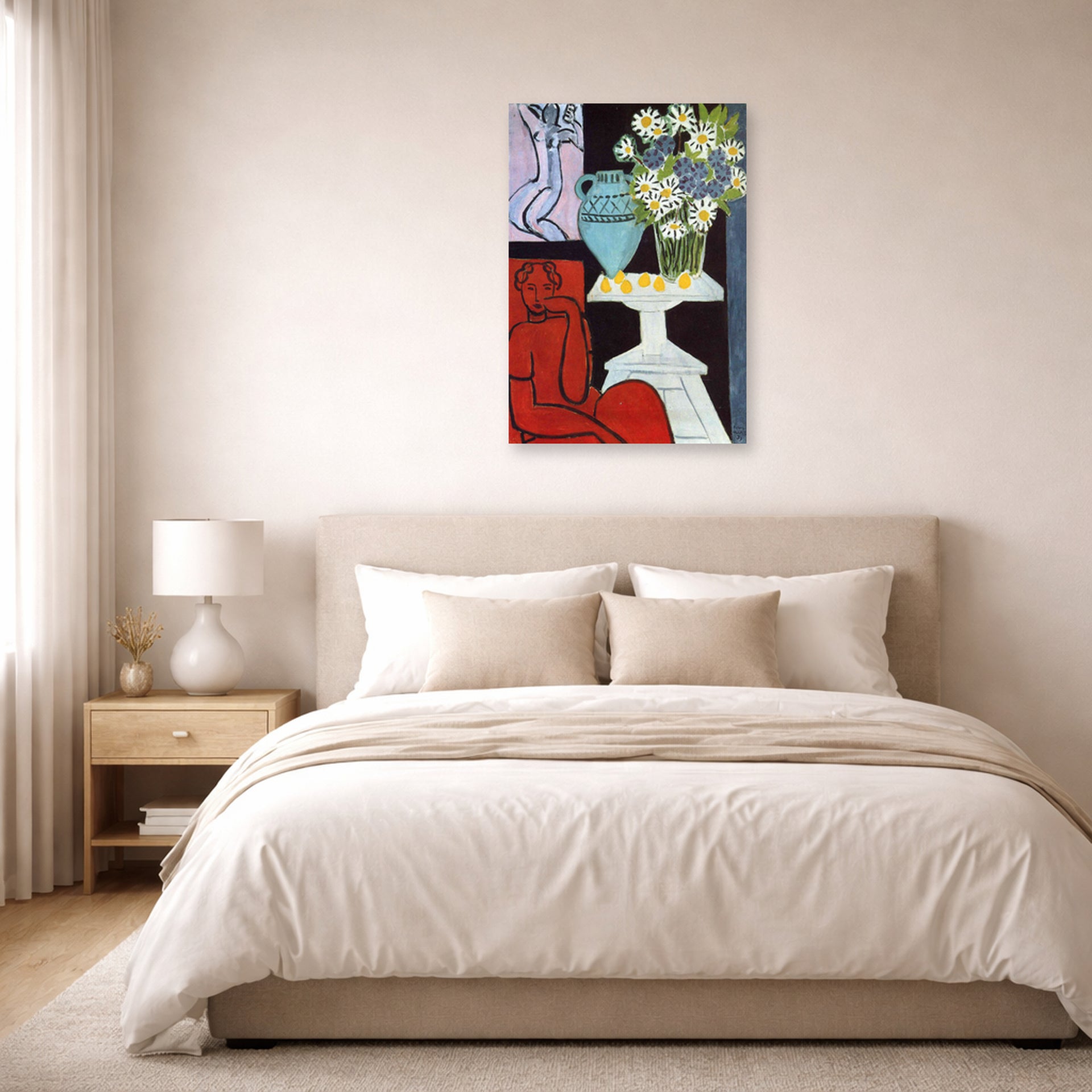 Unframed poster print of Henri Matisse's The Daisies displayed above a bed in a bedroom