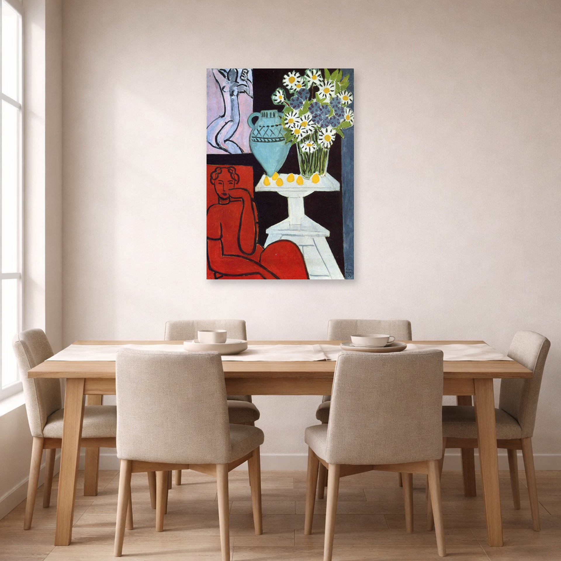 Unframed poster print of Henri Matisse's The Daisies displayed on a dining room wall