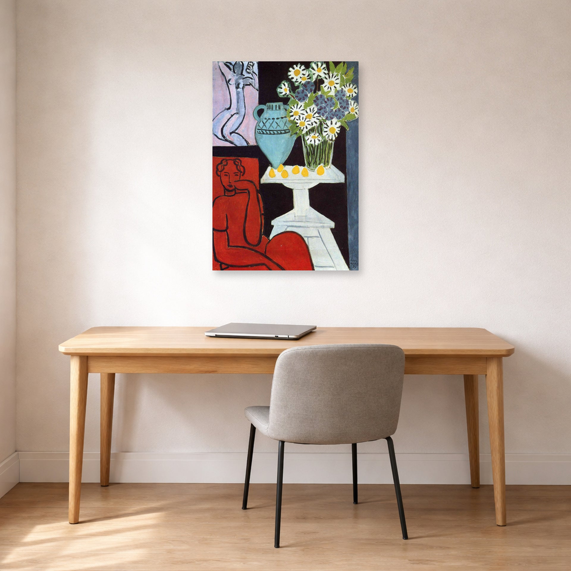 Unframed poster print of Henri Matisse's The Daisies displayed in a home office