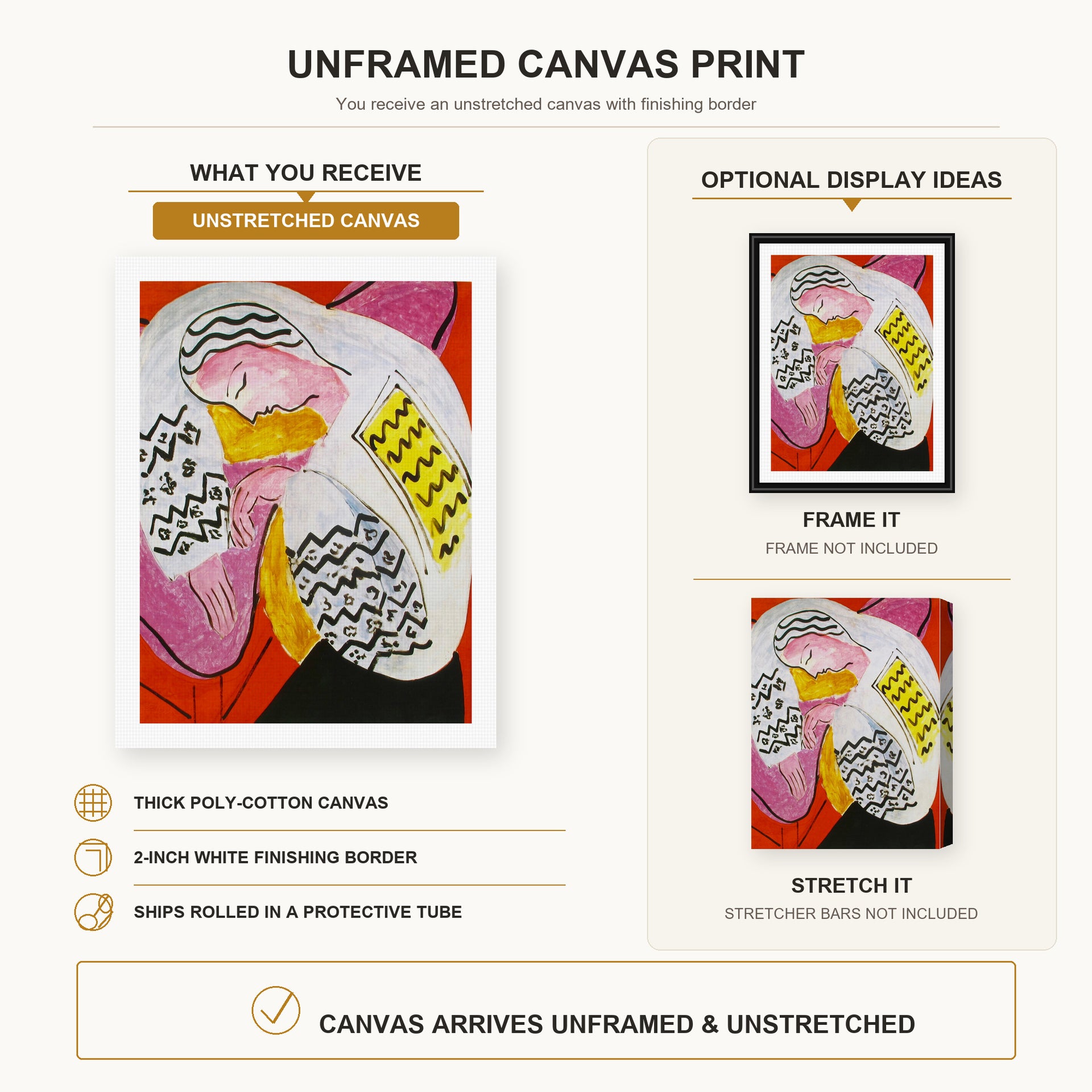 Henri Matisse - The Dream canvas print size comparison and framing display infographic