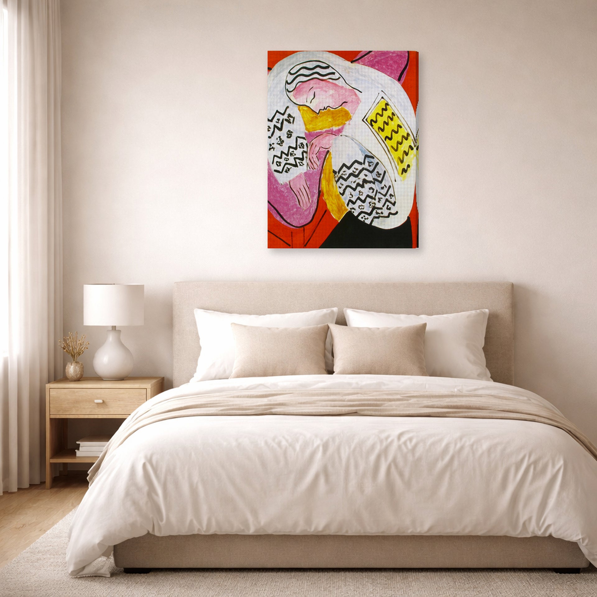 Gallery-wrapped canvas print of Henri Matisse's The Dream hanging above a bed in a bedroom