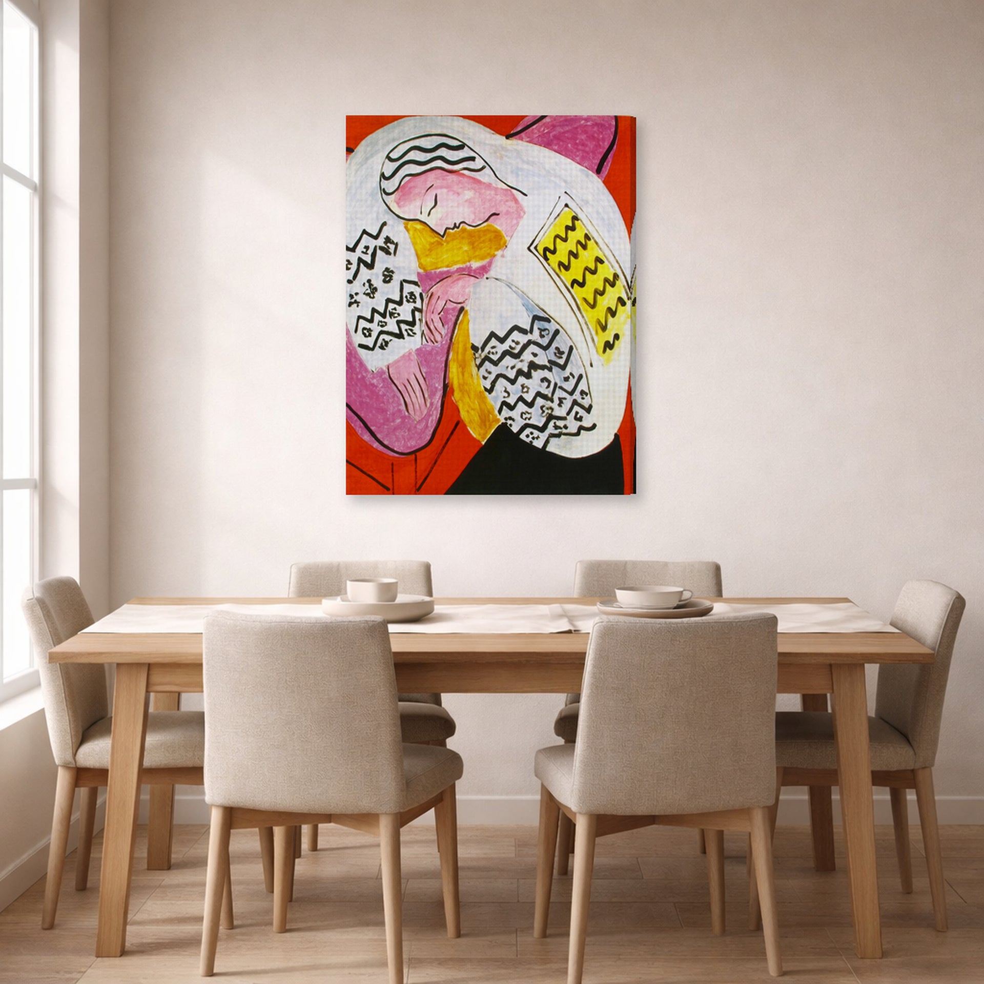 Gallery-wrapped canvas print of Henri Matisse's The Dream hanging on a dining room wall