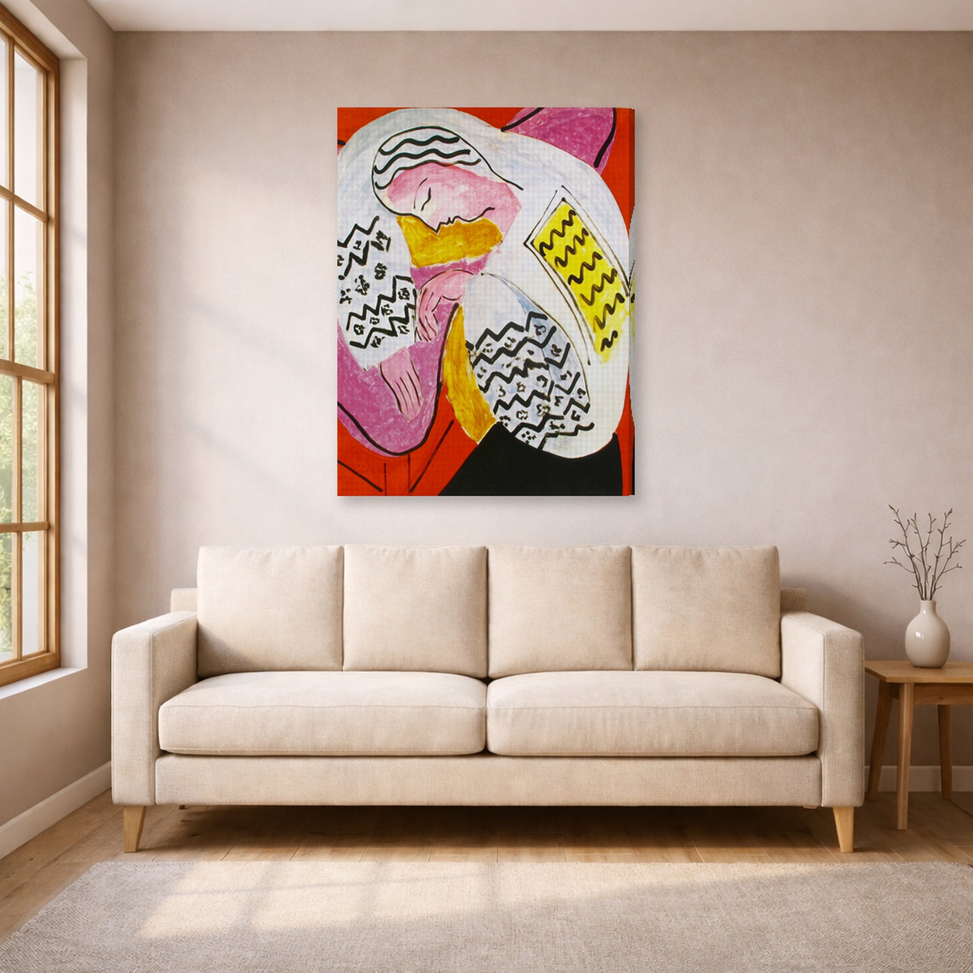 Gallery-wrapped canvas print of Henri Matisse's The Dream hanging in a living room, view 1