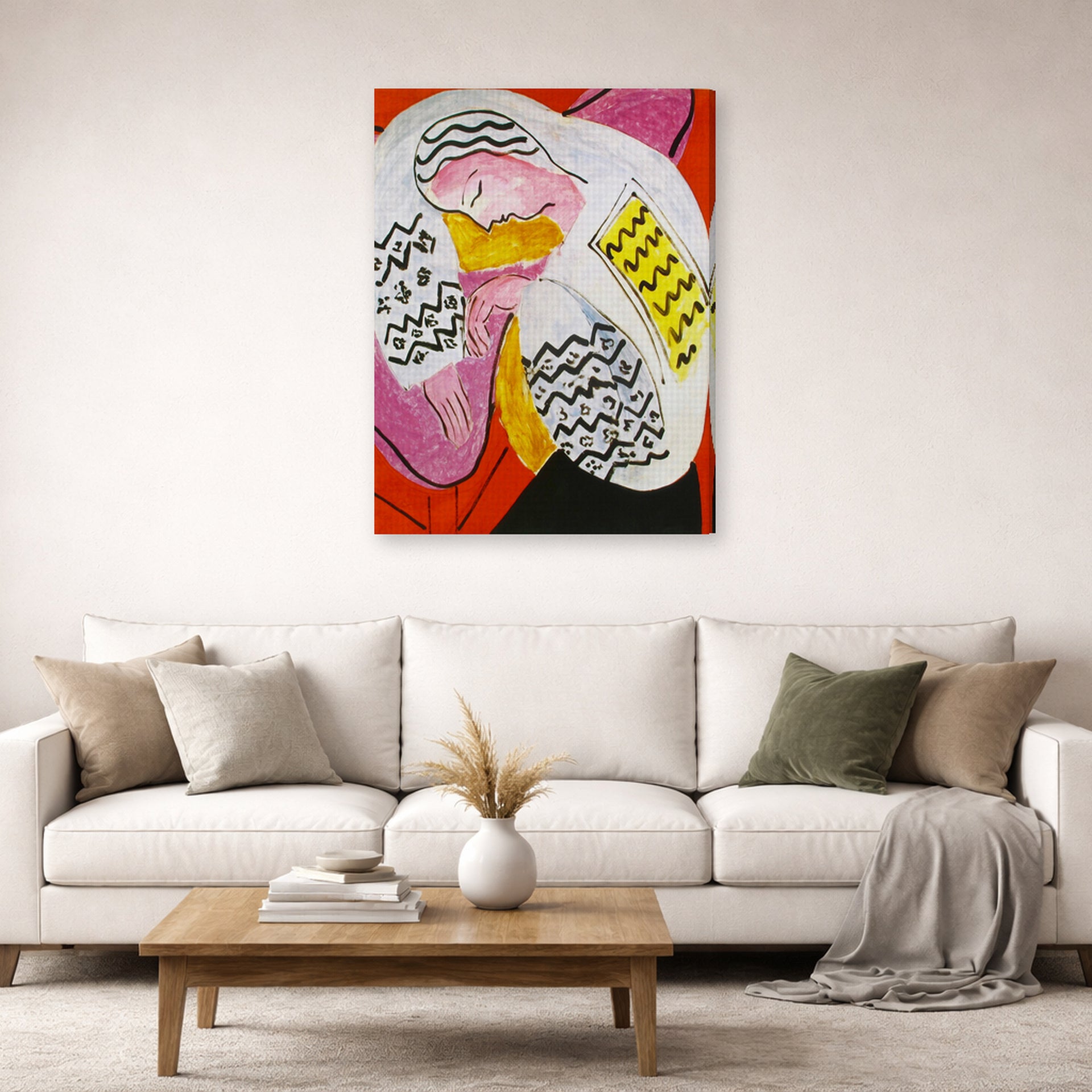 Gallery-wrapped canvas print of Henri Matisse's The Dream hanging in a living room, view 2