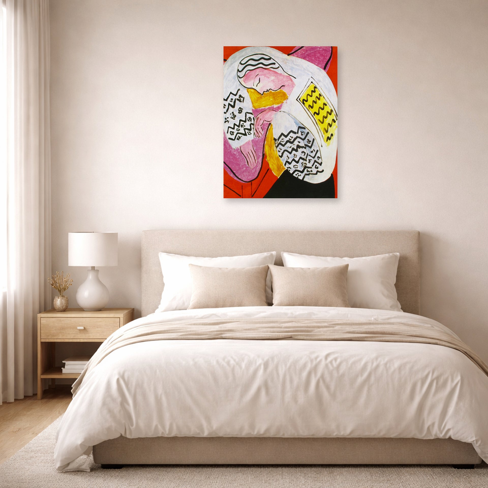 Unframed poster print of Henri Matisse's The Dream displayed above a bed in a bedroom