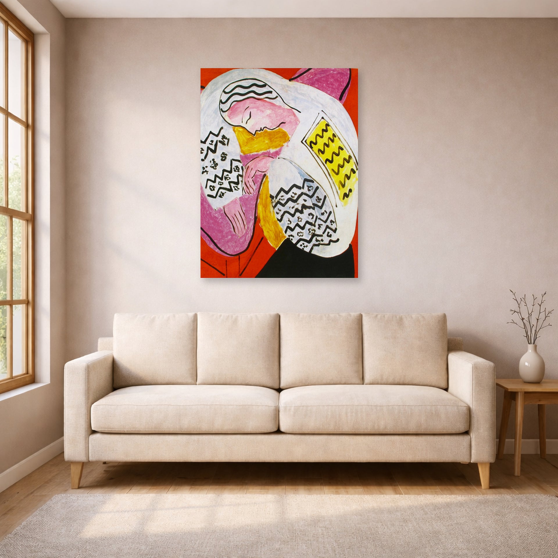 Unframed poster print of Henri Matisse's The Dream displayed in a living room, view 1