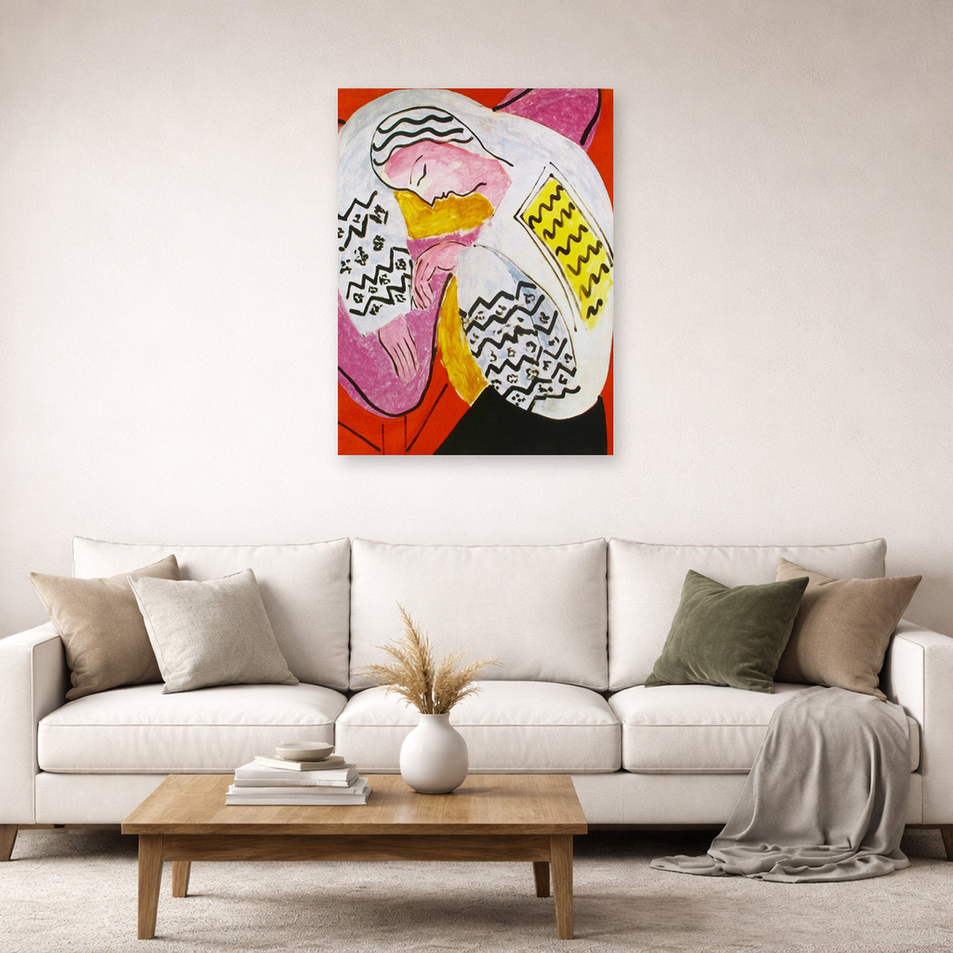 Unframed poster print of Henri Matisse's The Dream displayed in a living room, view 2