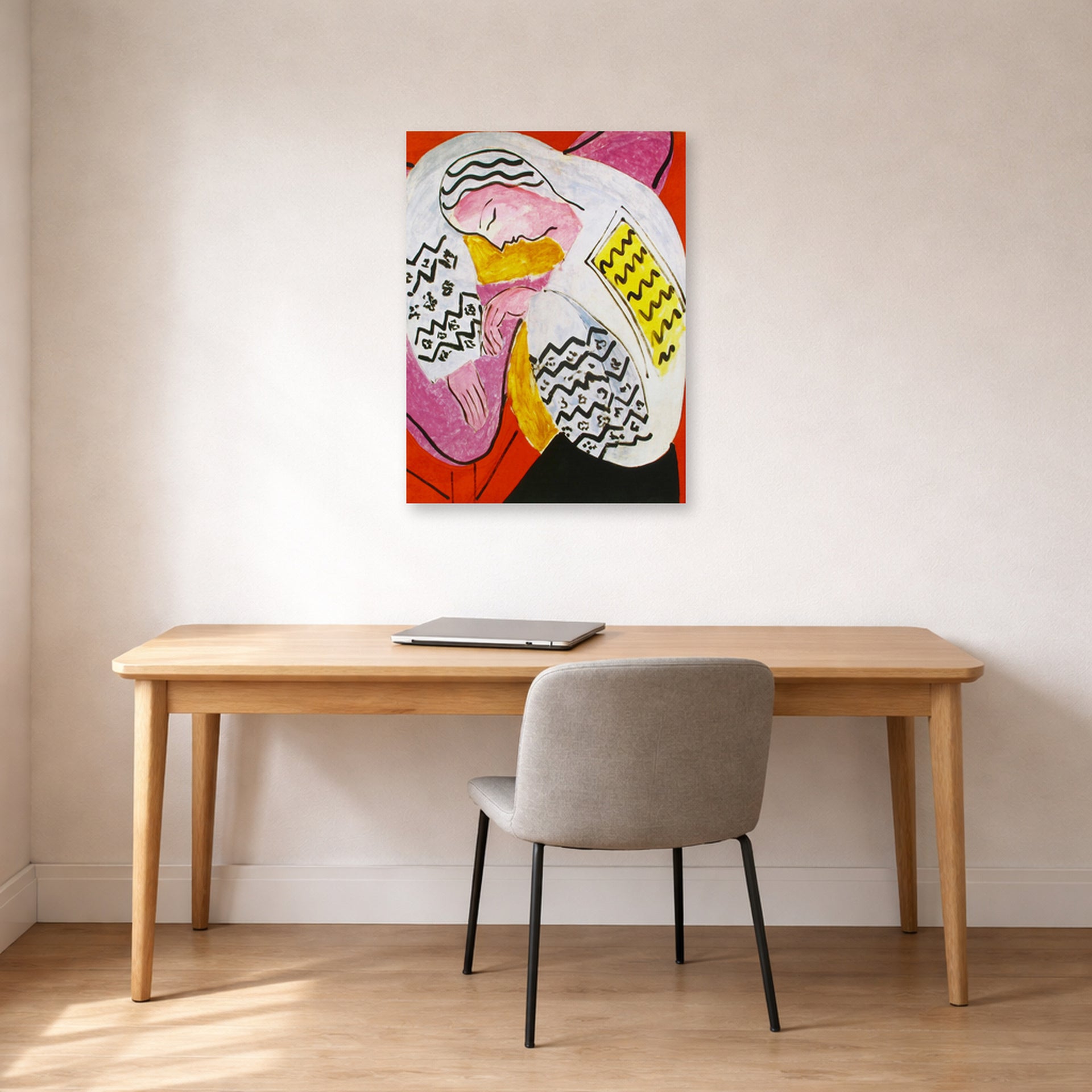 Unframed poster print of Henri Matisse's The Dream displayed in a home office