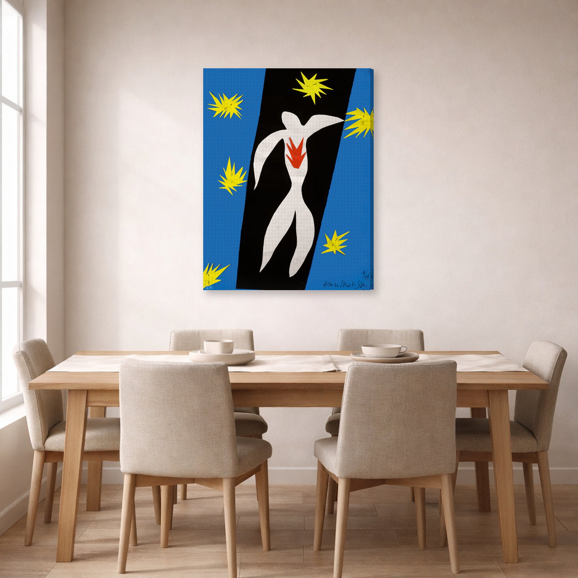 Gallery-wrapped canvas print of Henri Matisse's The Fall of Icarus hanging on a dining room wall