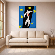 Gallery-wrapped canvas print of Henri Matisse's The Fall of Icarus hanging in a living room, view 1