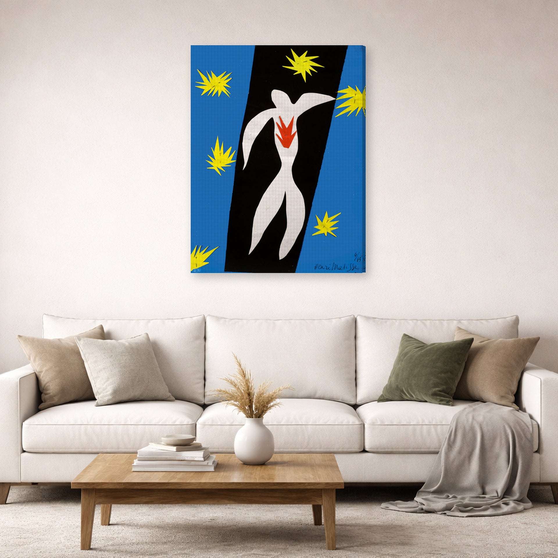 Gallery-wrapped canvas print of Henri Matisse's The Fall of Icarus hanging in a living room, view 2