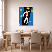 Unframed poster print of Henri Matisse's The Fall of Icarus displayed on a dining room wall
