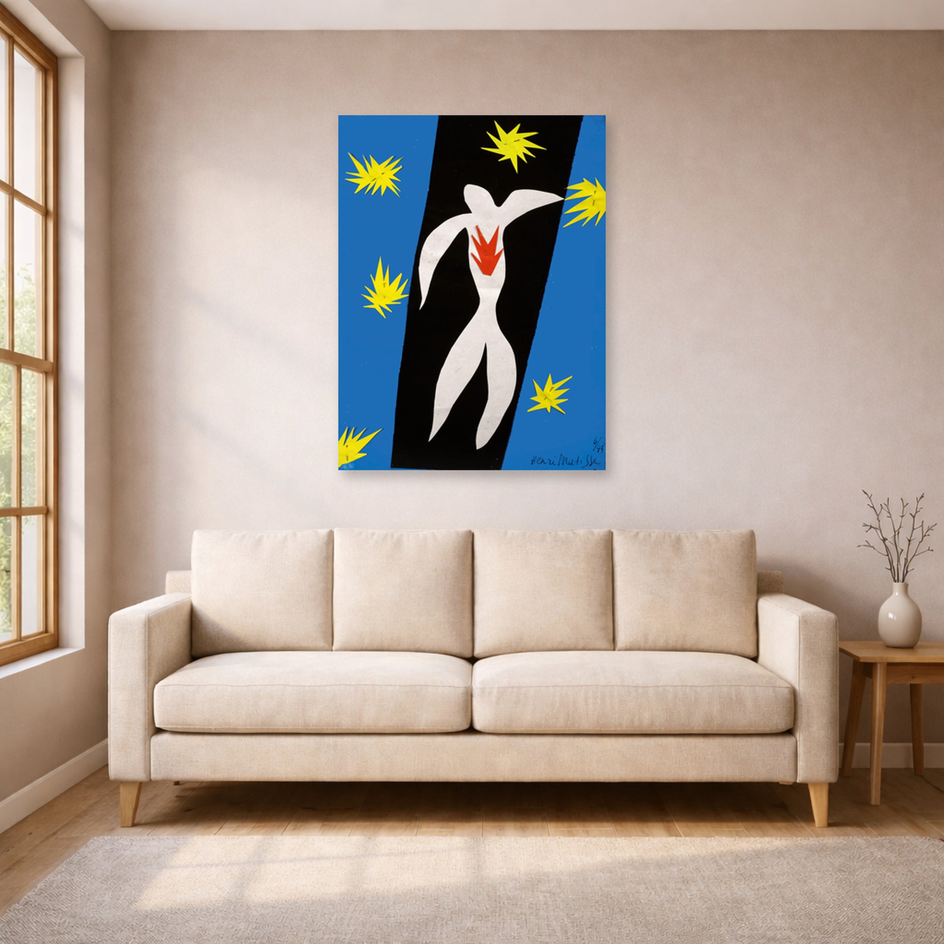 Unframed poster print of Henri Matisse's The Fall of Icarus displayed in a living room, view 1