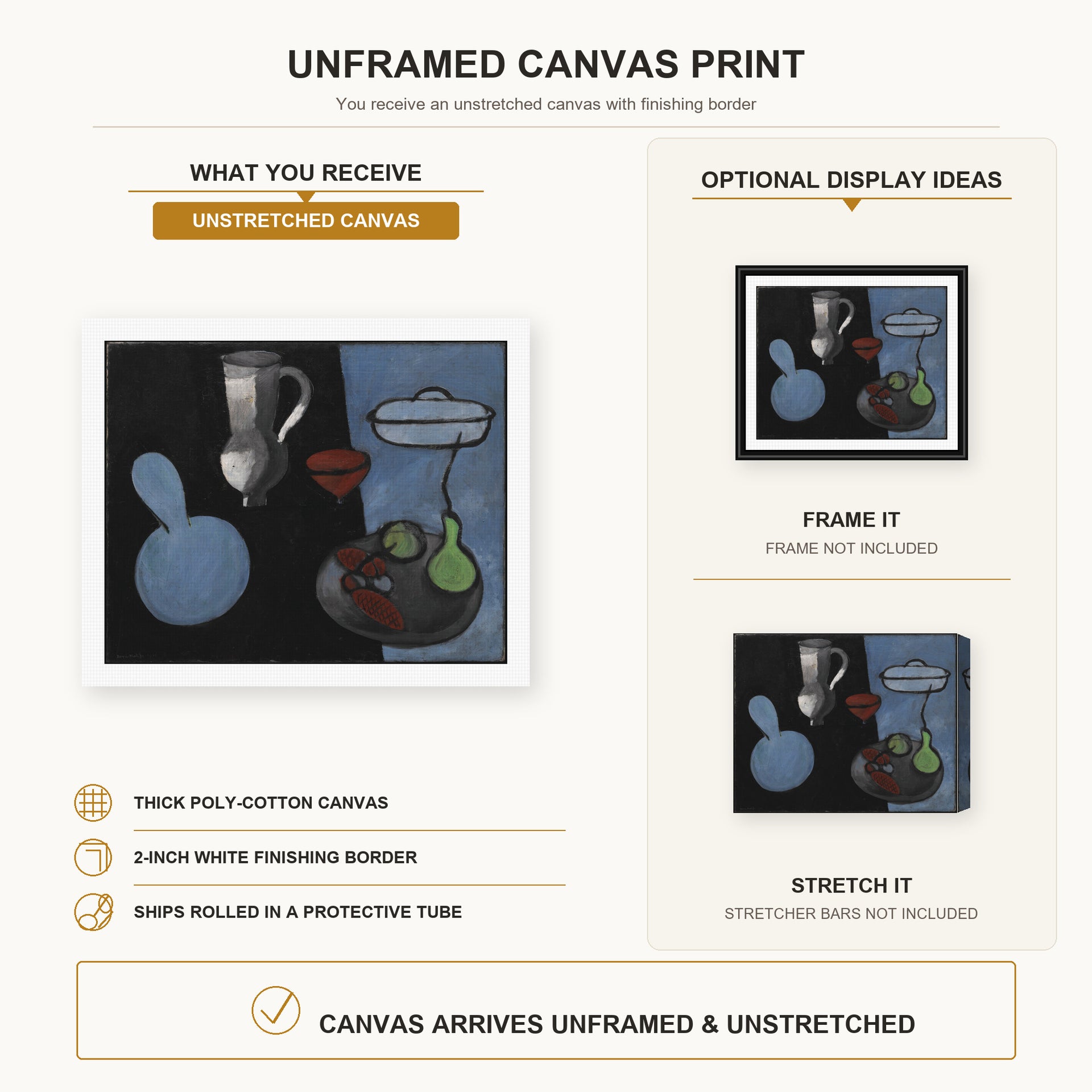 Henri Matisse - The Gourds canvas print size comparison and framing display infographic