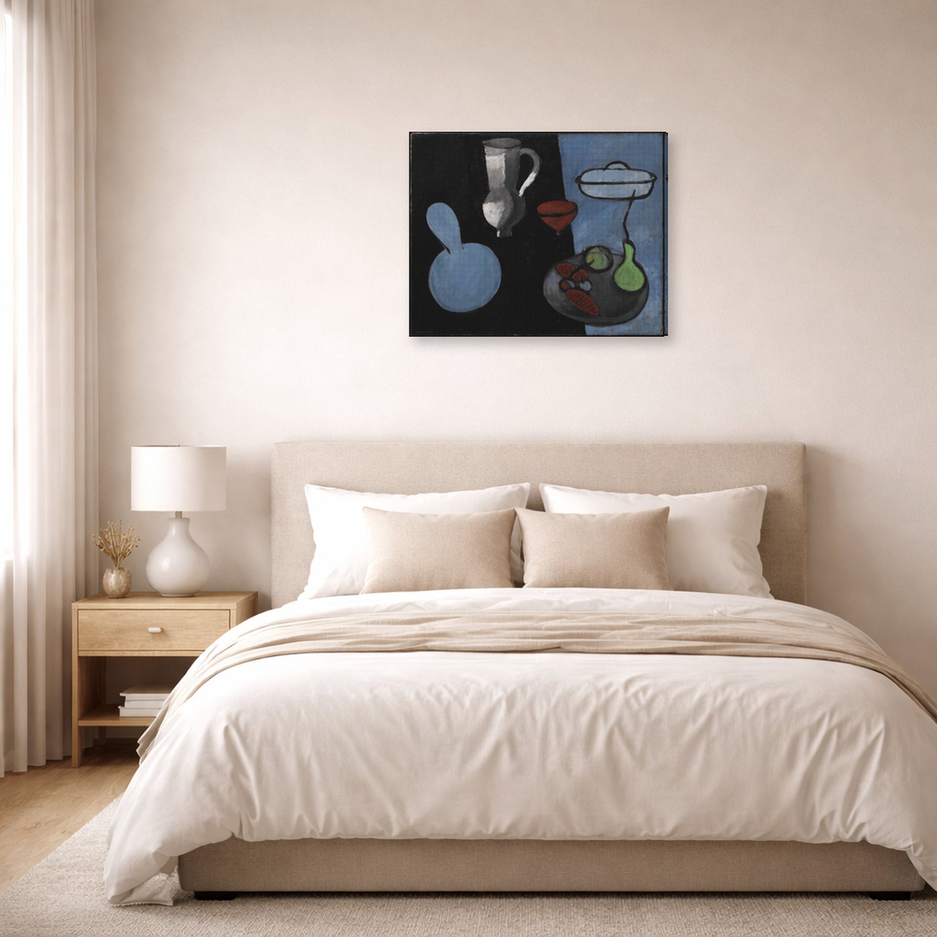 Gallery-wrapped canvas print of Henri Matisse's The Gourds hanging above a bed in a bedroom