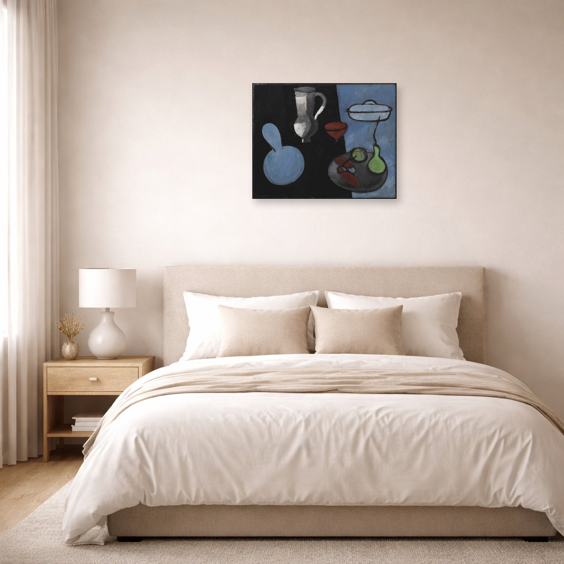 Unframed poster print of Henri Matisse's The Gourds displayed above a bed in a bedroom