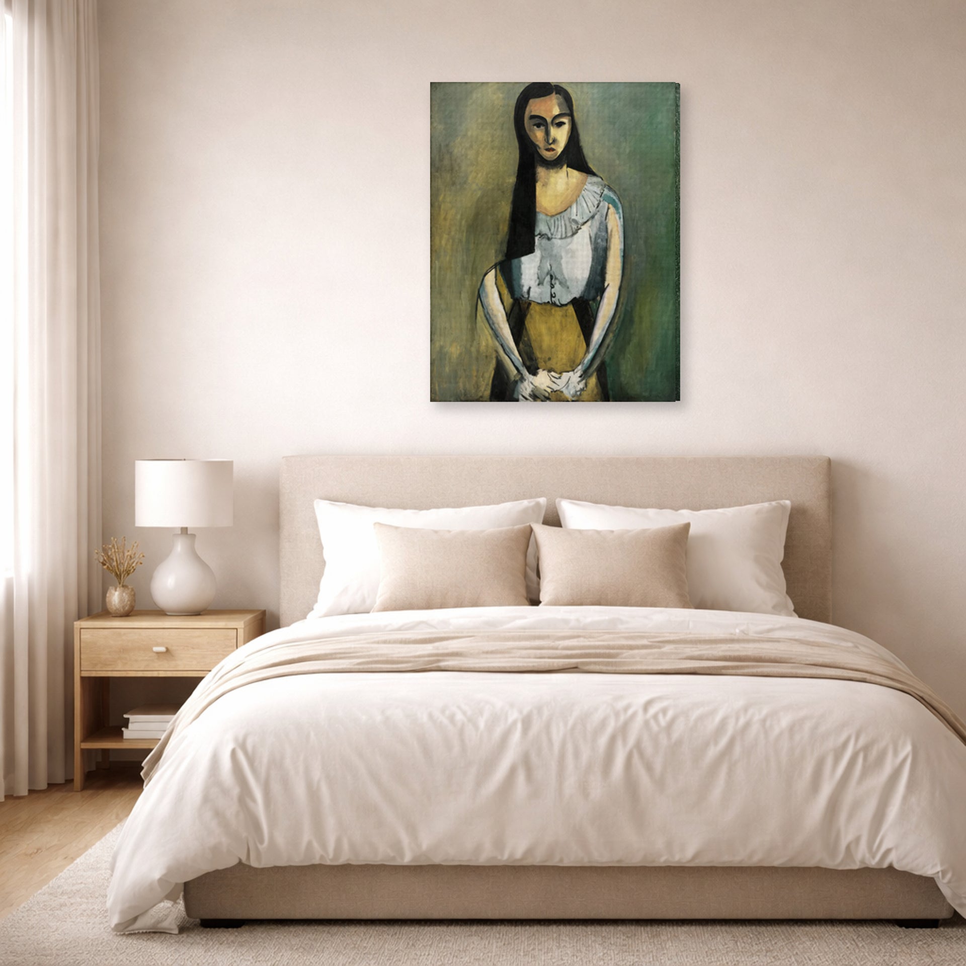 Gallery-wrapped canvas print of Henri Matisse's The Italian Woman hanging above a bed in a bedroom