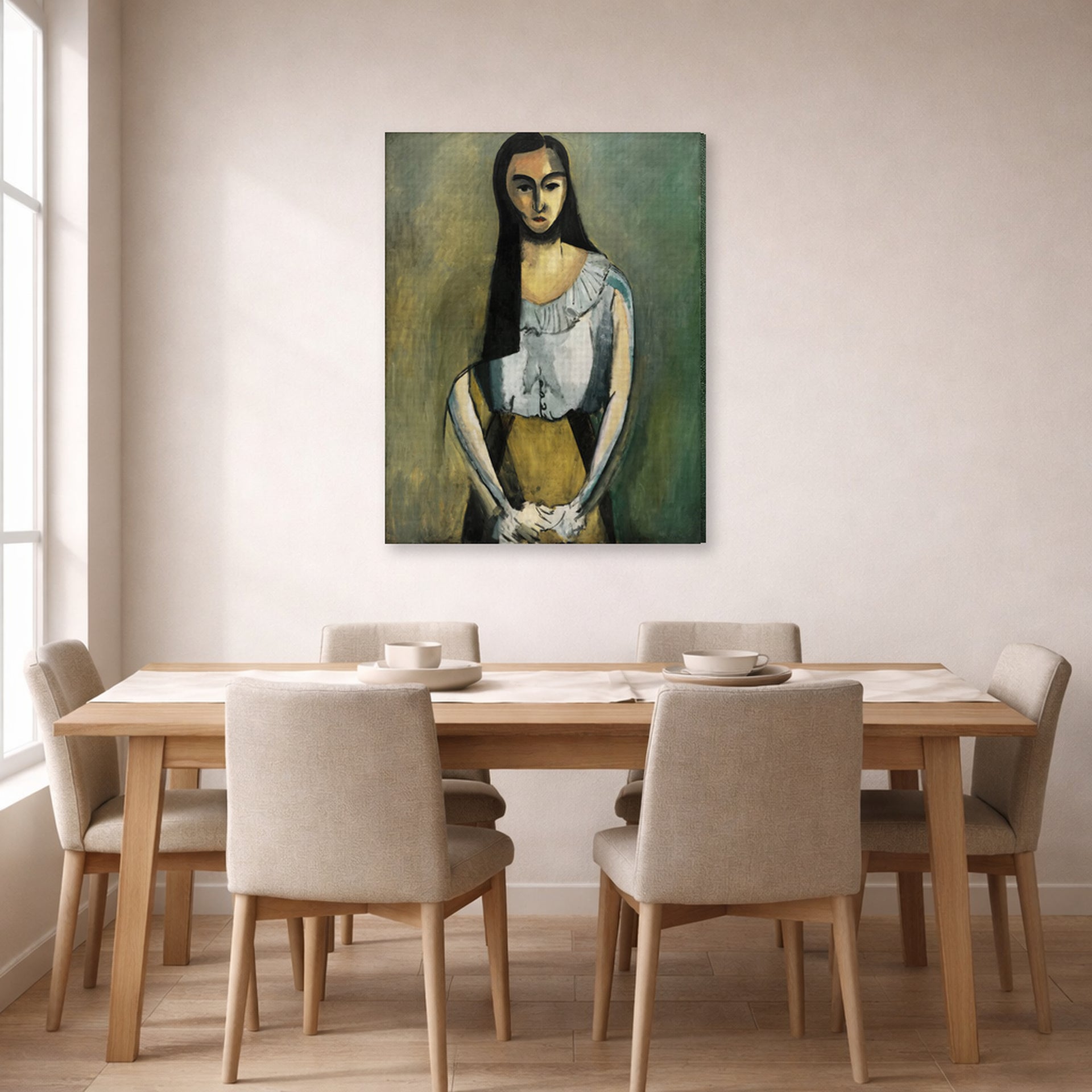 Gallery-wrapped canvas print of Henri Matisse's The Italian Woman hanging on a dining room wall
