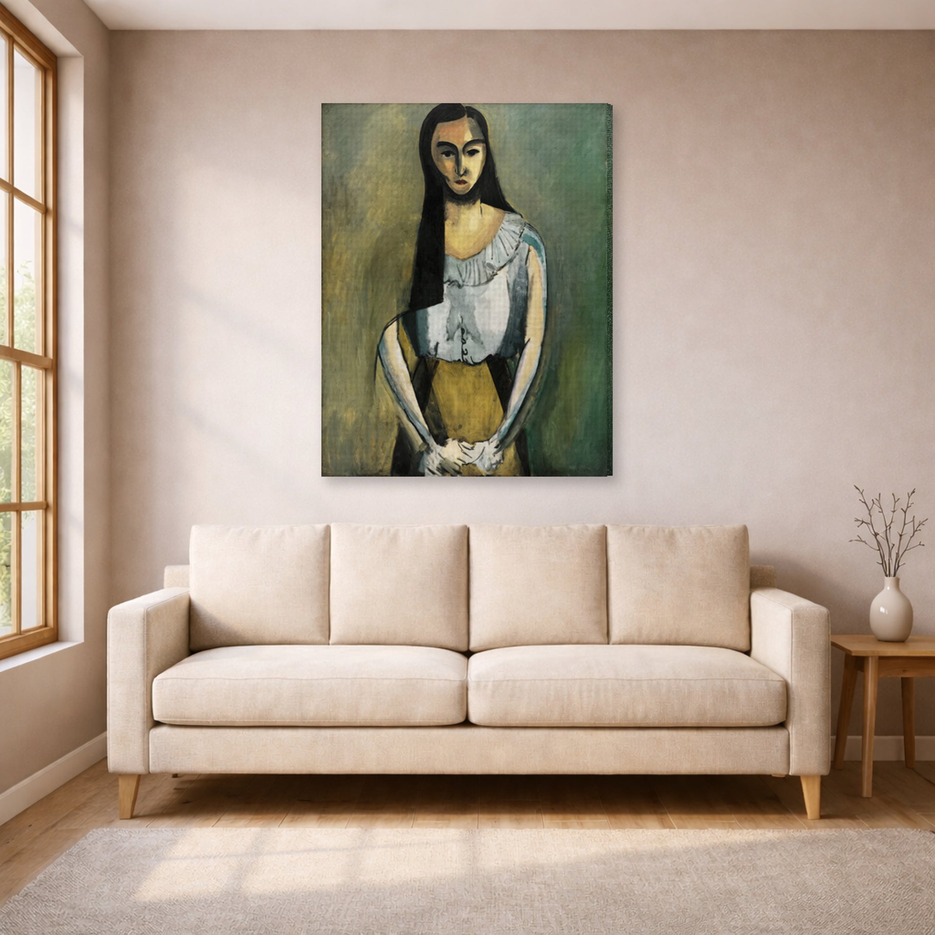 Gallery-wrapped canvas print of Henri Matisse's The Italian Woman hanging in a living room, view 1