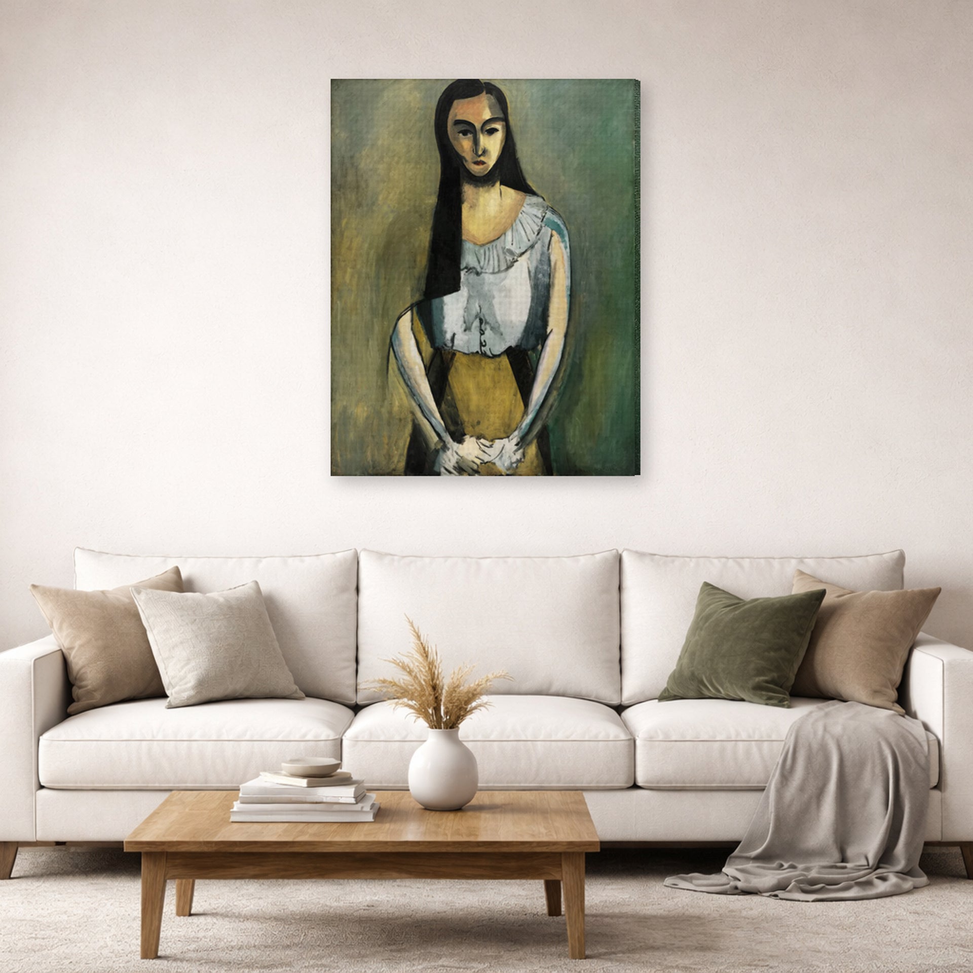 Gallery-wrapped canvas print of Henri Matisse's The Italian Woman hanging in a living room, view 2