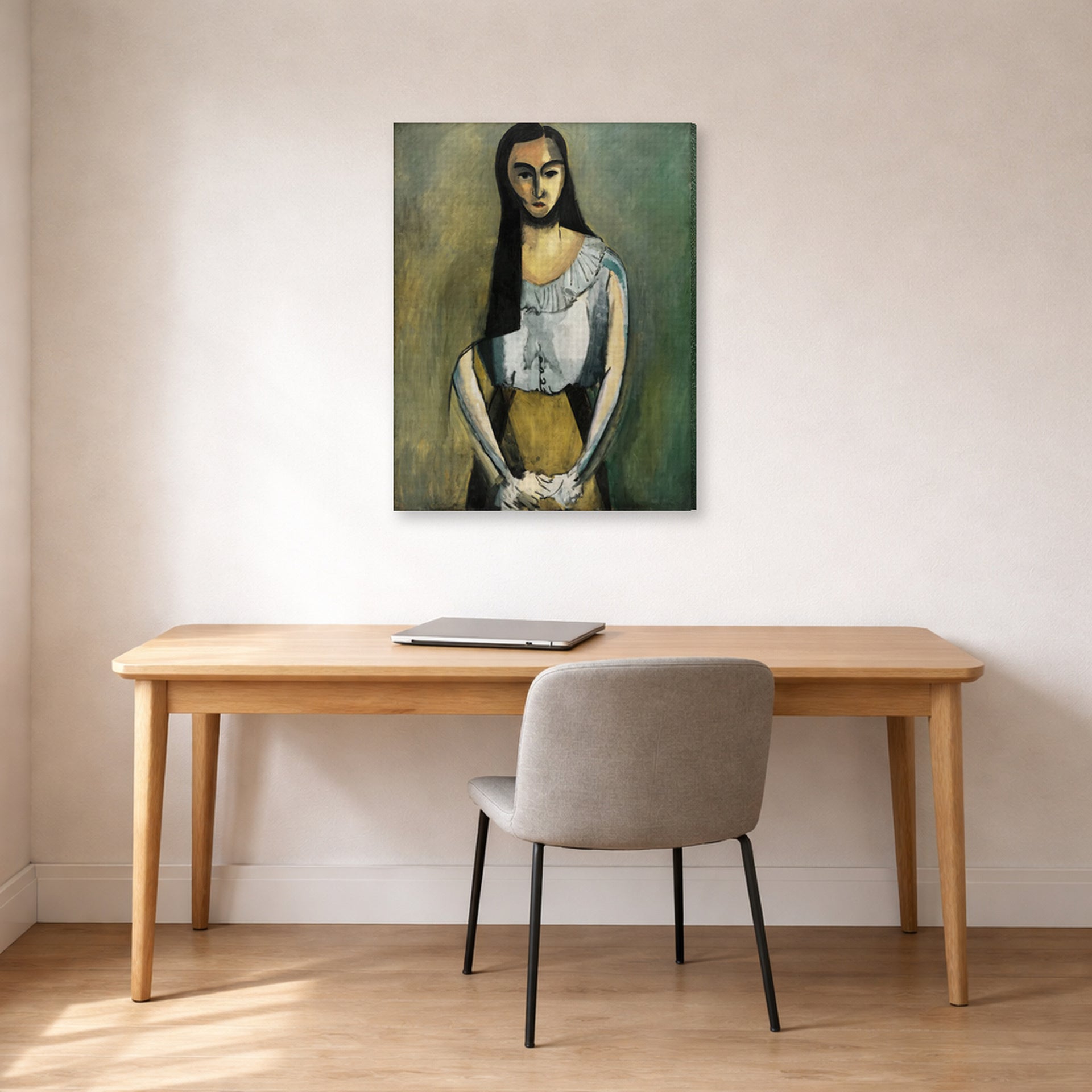 Gallery-wrapped canvas print of Henri Matisse's The Italian Woman hanging in a home office