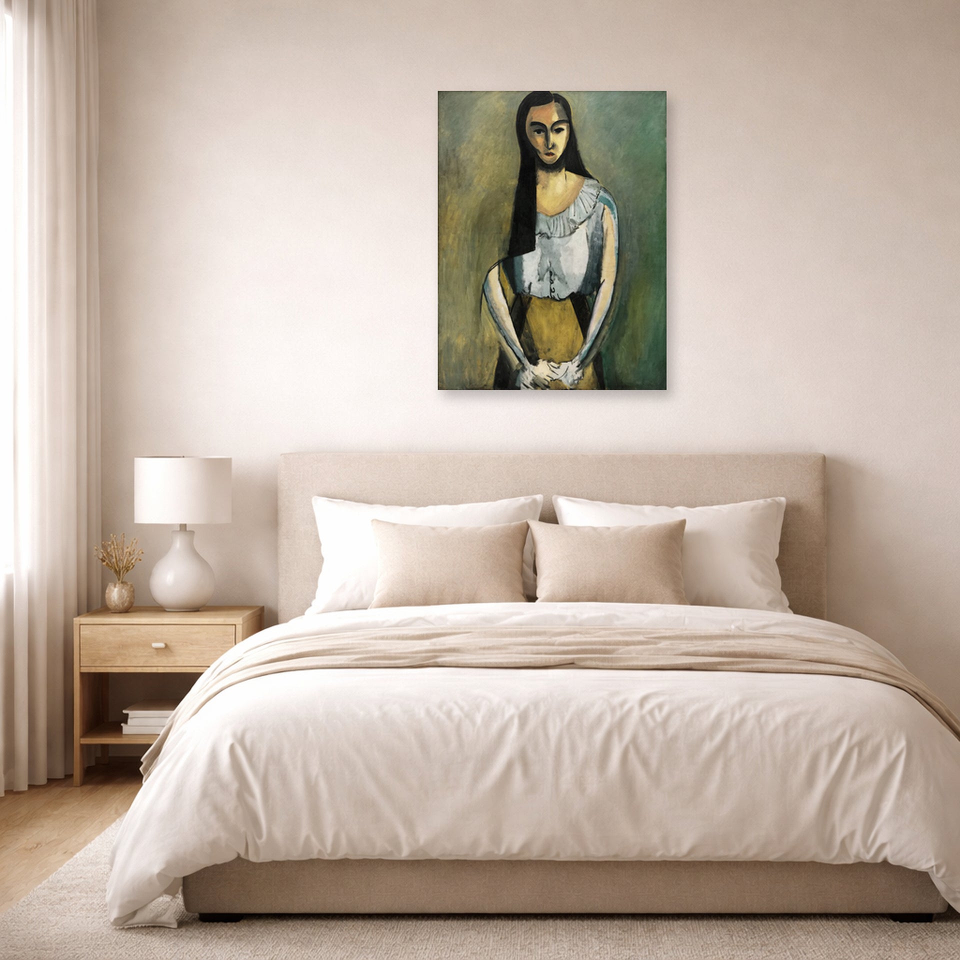 Unframed poster print of Henri Matisse's The Italian Woman displayed above a bed in a bedroom