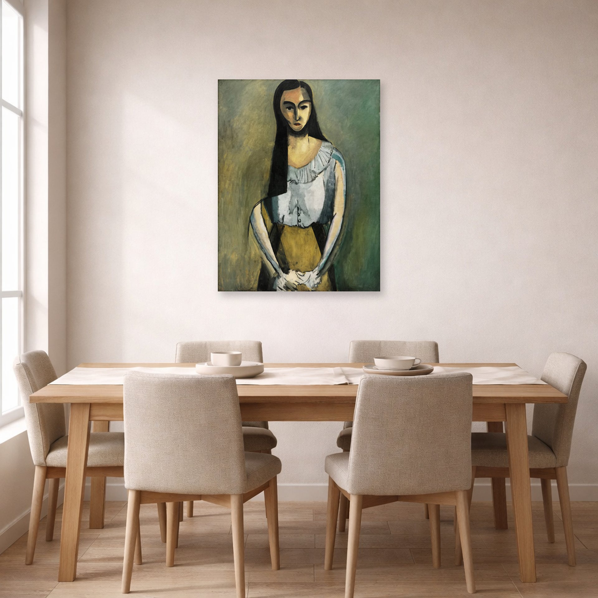 Unframed poster print of Henri Matisse's The Italian Woman displayed on a dining room wall