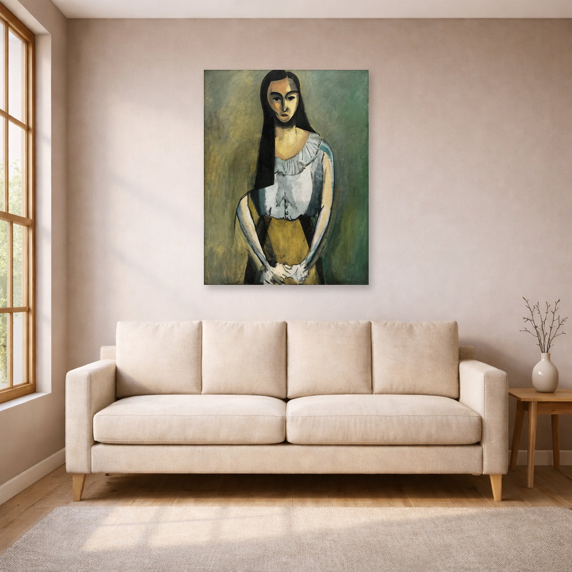 Unframed poster print of Henri Matisse's The Italian Woman displayed in a living room, view 1