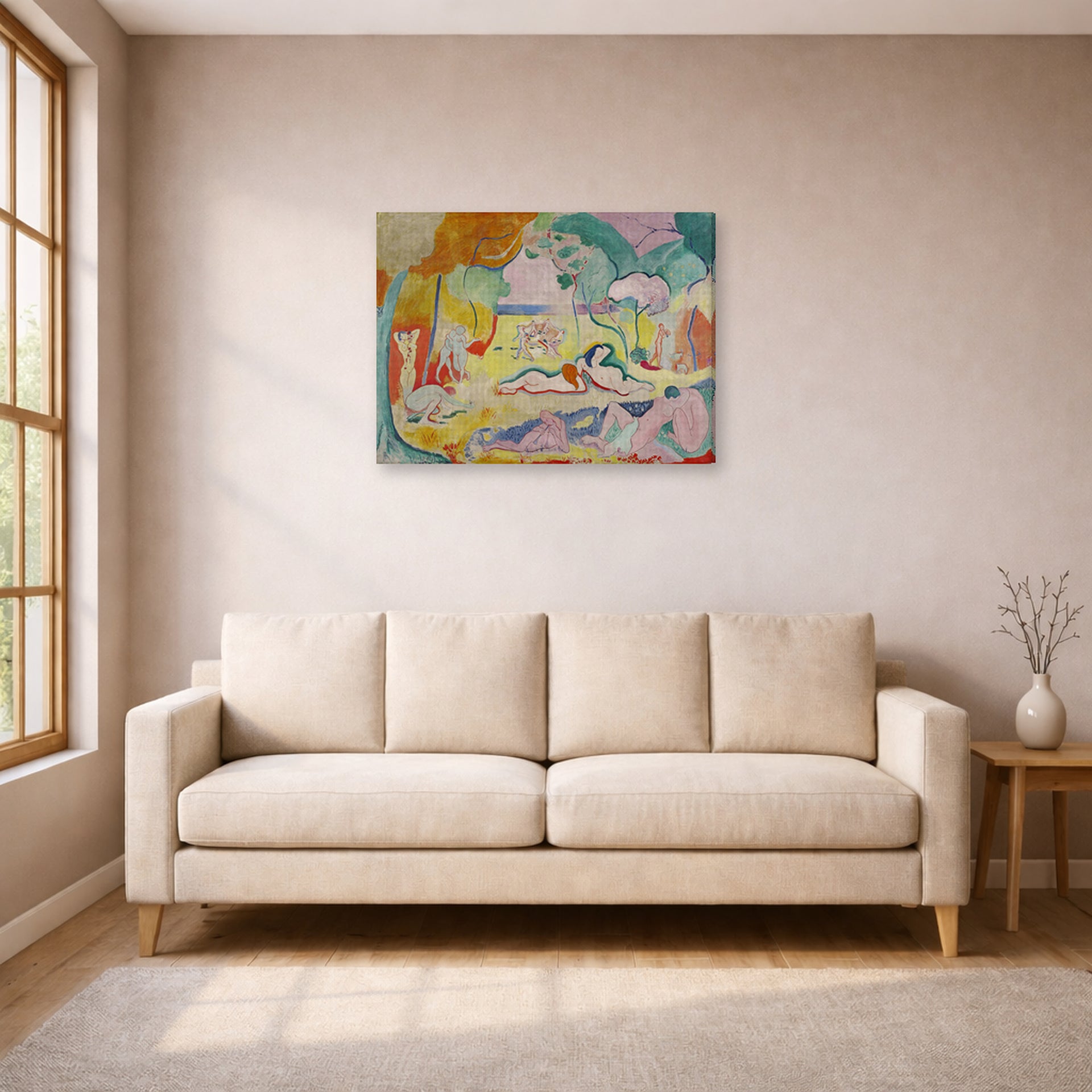 Gallery-wrapped canvas print of Henri Matisse's The Joy of Life hanging in a living room, view 1