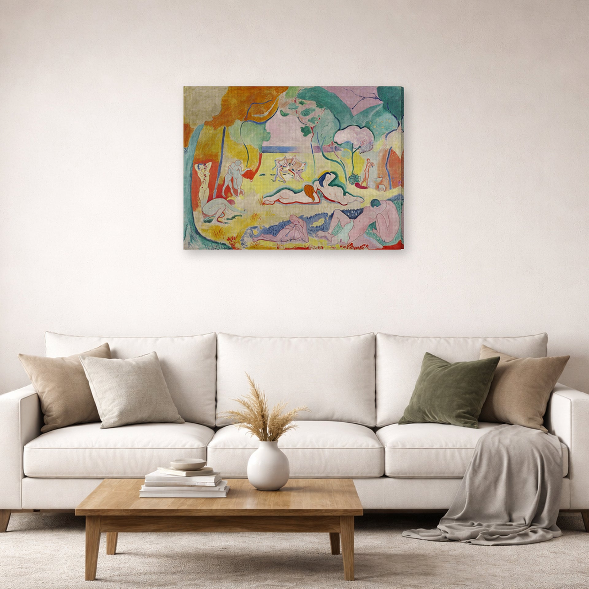 Gallery-wrapped canvas print of Henri Matisse's The Joy of Life hanging in a living room, view 2