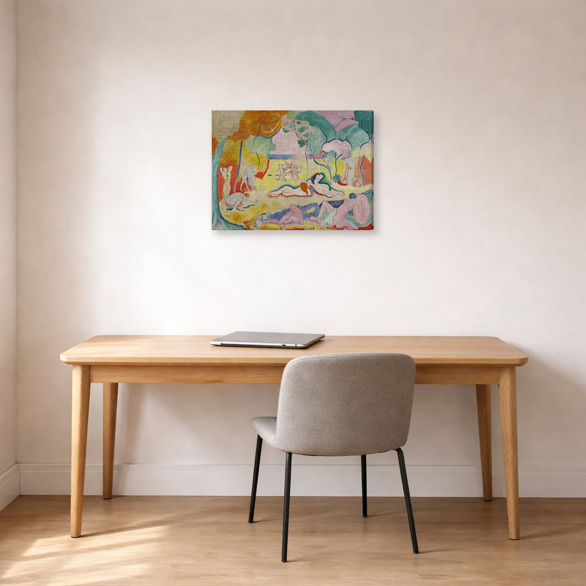 Gallery-wrapped canvas print of Henri Matisse's The Joy of Life hanging in a home office