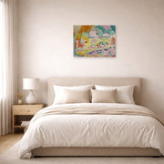 Unframed poster print of Henri Matisse's The Joy of Life displayed above a bed in a bedroom