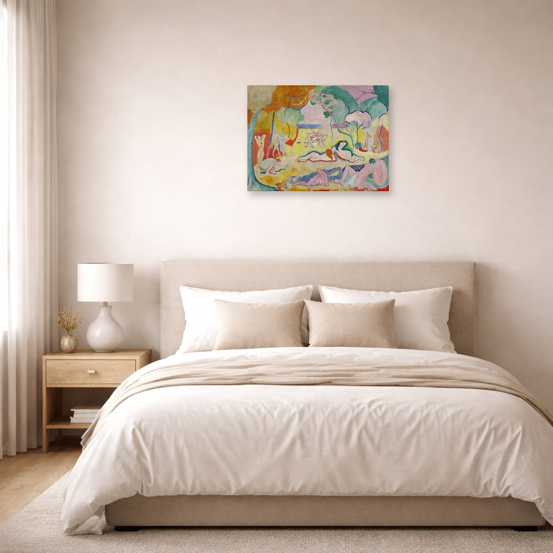 Unframed poster print of Henri Matisse's The Joy of Life displayed above a bed in a bedroom